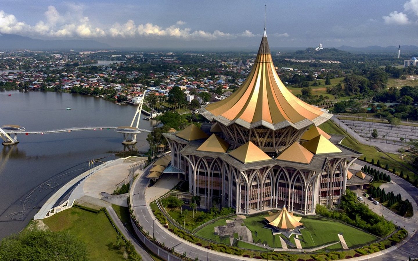 Aerial view of Kuching, Sarawak, with the Sarawak State Legislative Assembly building and Sarawak River, home to our Kuching branch office