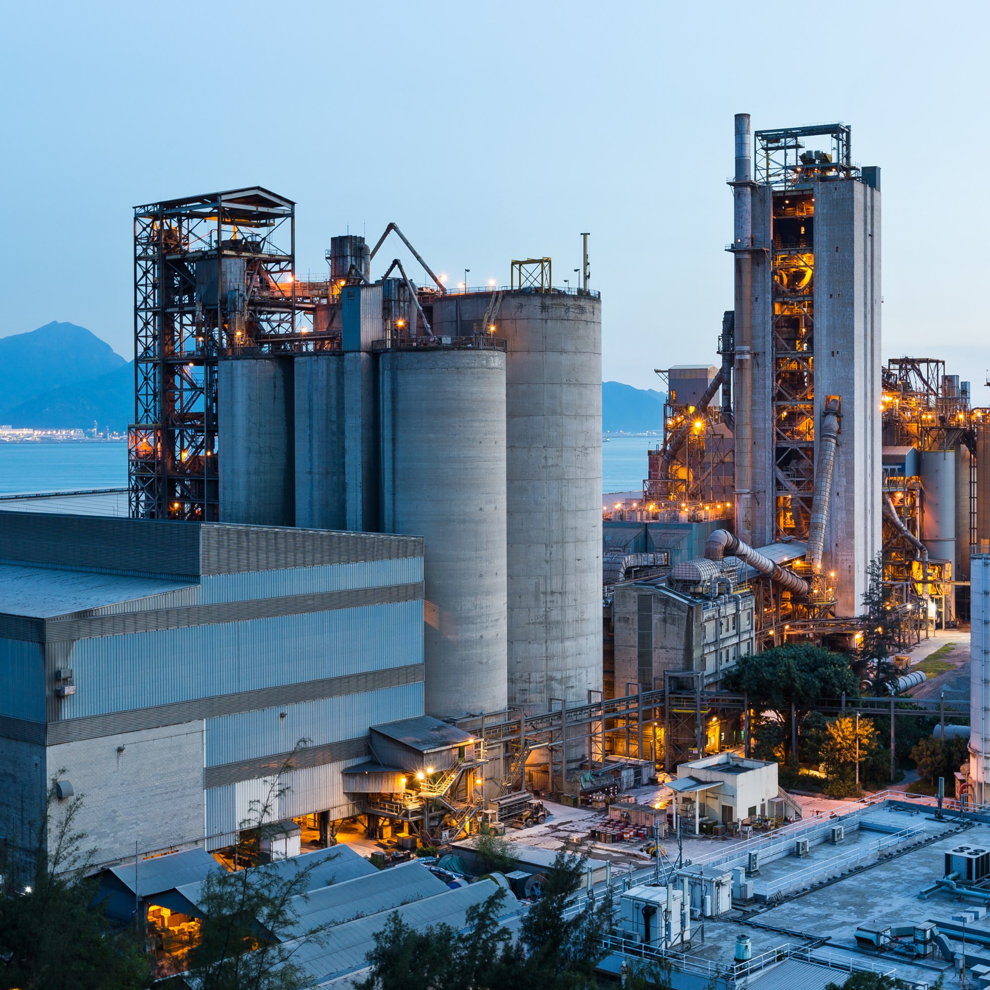 Industrial manufacturing plant at dusk